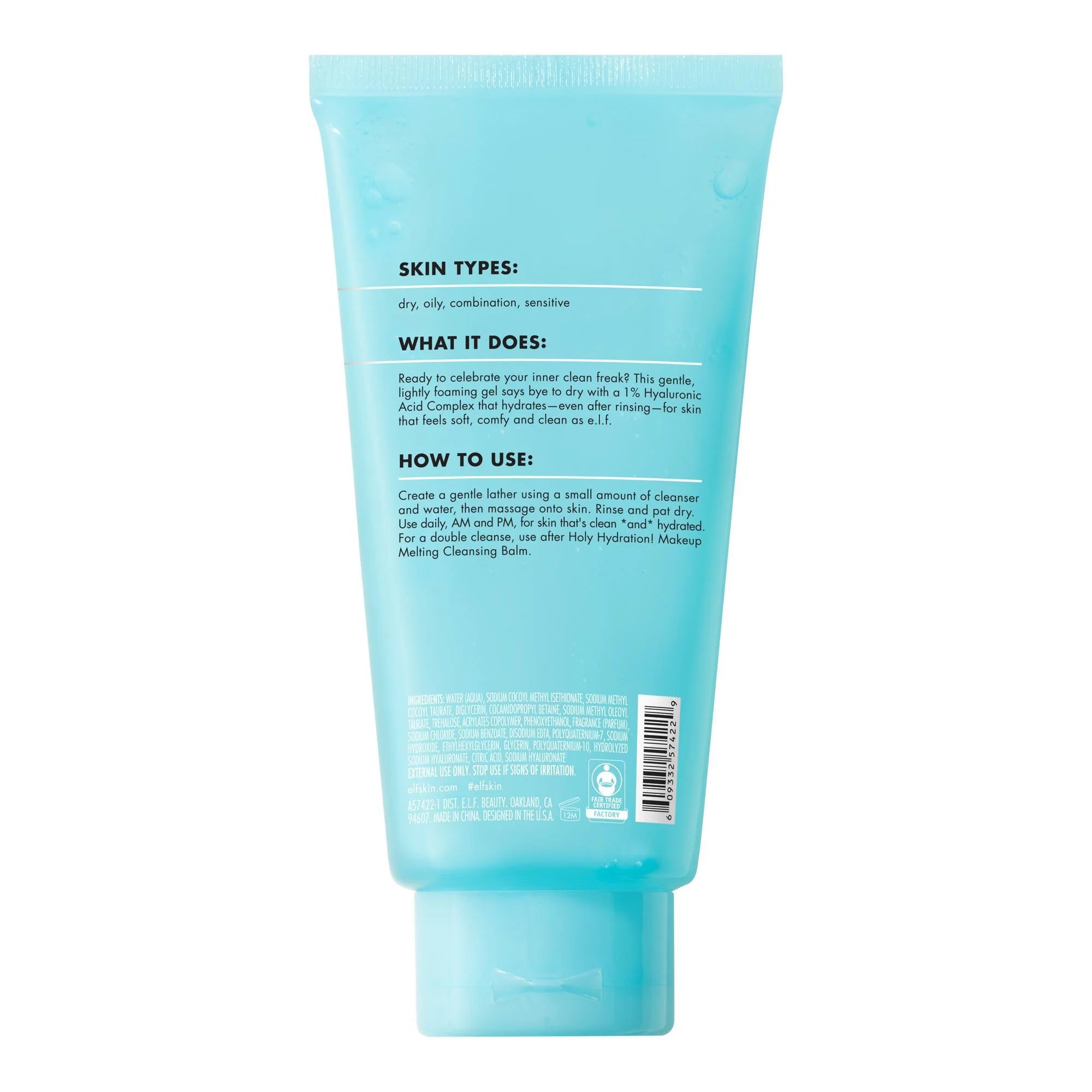 E.L.F. SKIN Holy Hydration! Clean Freak Daily Cleanser, Gentle Hydrating Gel Face Cleanser, 1% Hyaluronic Acid Complex, 5.5 Fl Oz