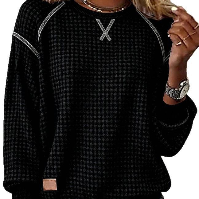 Womens Vintage Crew-Neck Jacquard Plaid Knit Sweater