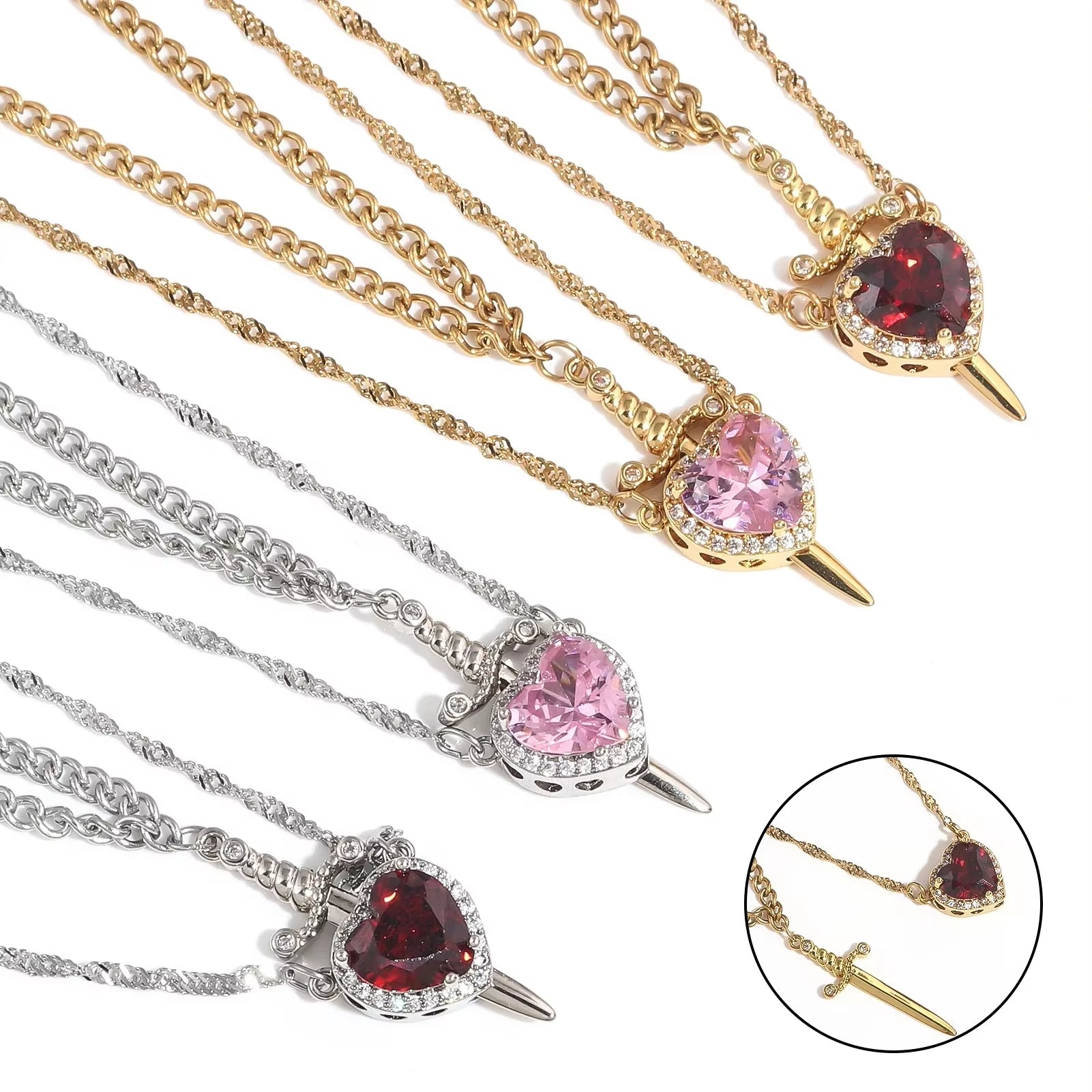 Heart And Sword Necklace Set