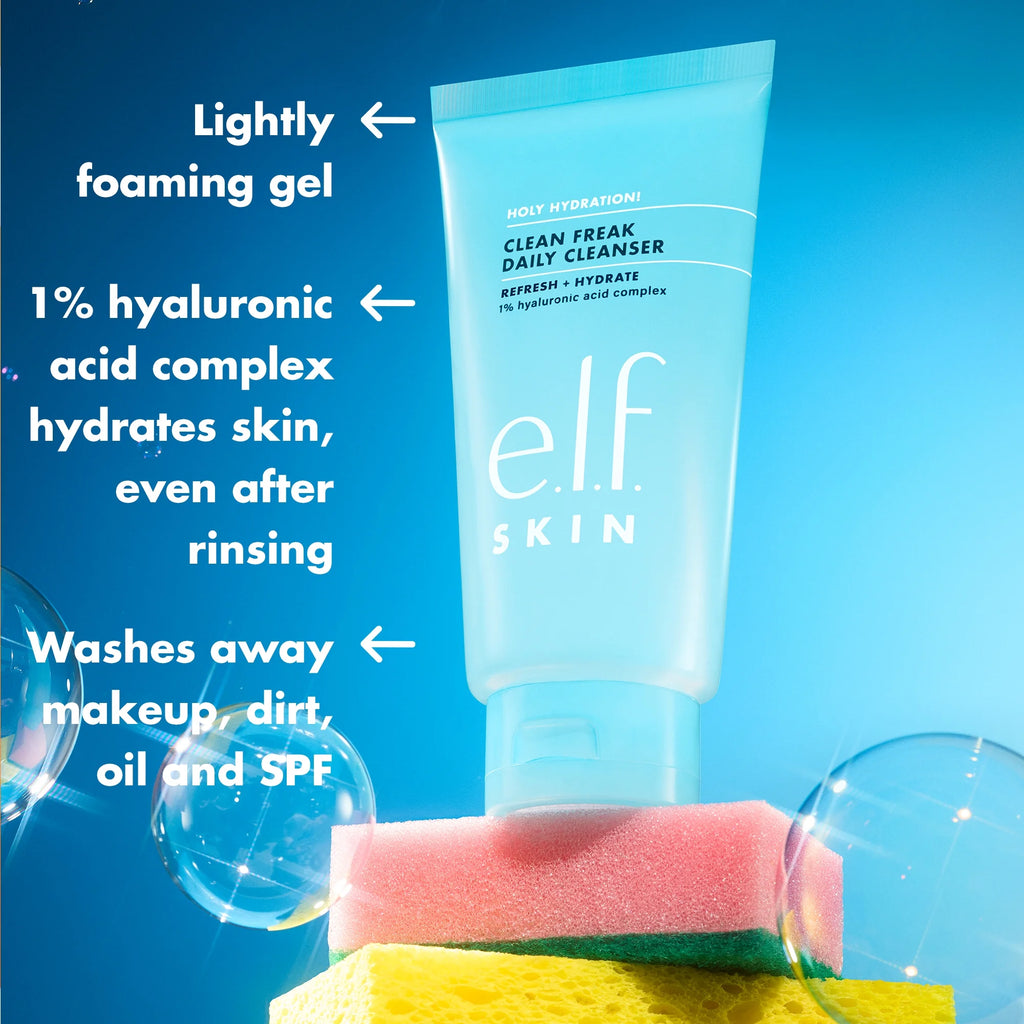 E.L.F. SKIN Holy Hydration! Clean Freak Daily Cleanser, Gentle Hydrating Gel Face Cleanser, 1% Hyaluronic Acid Complex, 5.5 Fl Oz