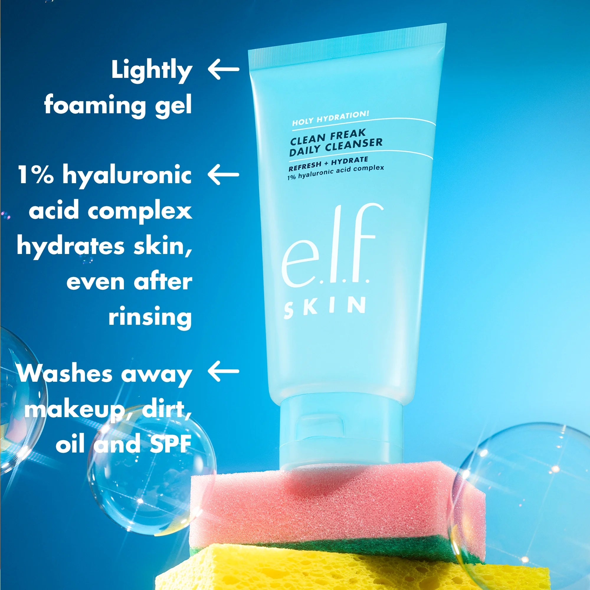 E.L.F. SKIN Holy Hydration! Clean Freak Daily Cleanser, Gentle Hydrating Gel Face Cleanser, 1% Hyaluronic Acid Complex, 5.5 Fl Oz