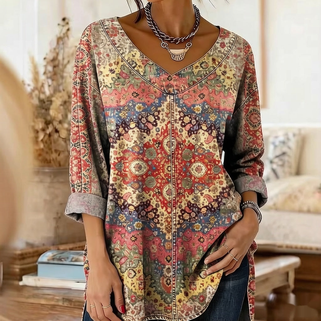 Retro Botanical Print Relaxed-fit Top