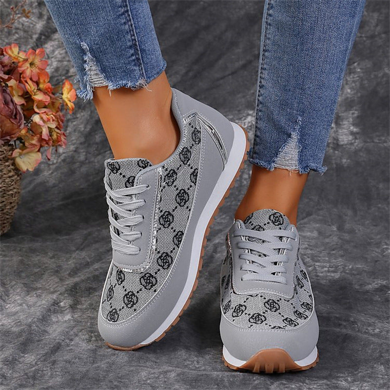 Flower Print Lace-up Sneakers Flats
